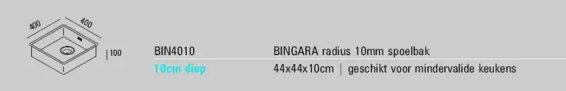 ABK Bingara évier inox pour handicapés peu profond 10cm de profondeur 40x40cm pour montage à fleur, sous plan et en surface BIN4010FVI