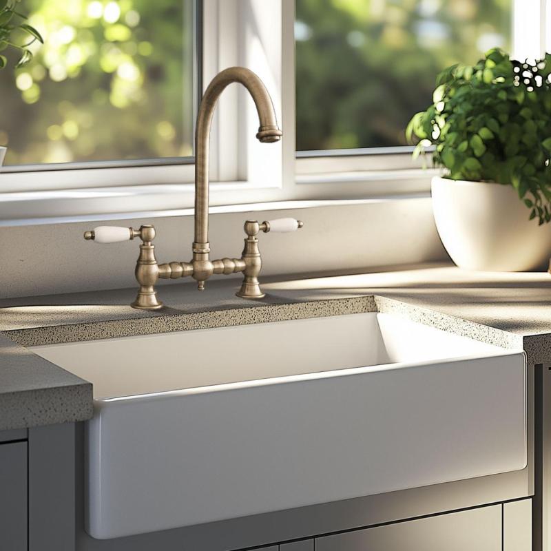 PB Robinet de cuisine à pont nostalgique Bec rond bronze avec poignées blanches PBN.BRO.R.WH