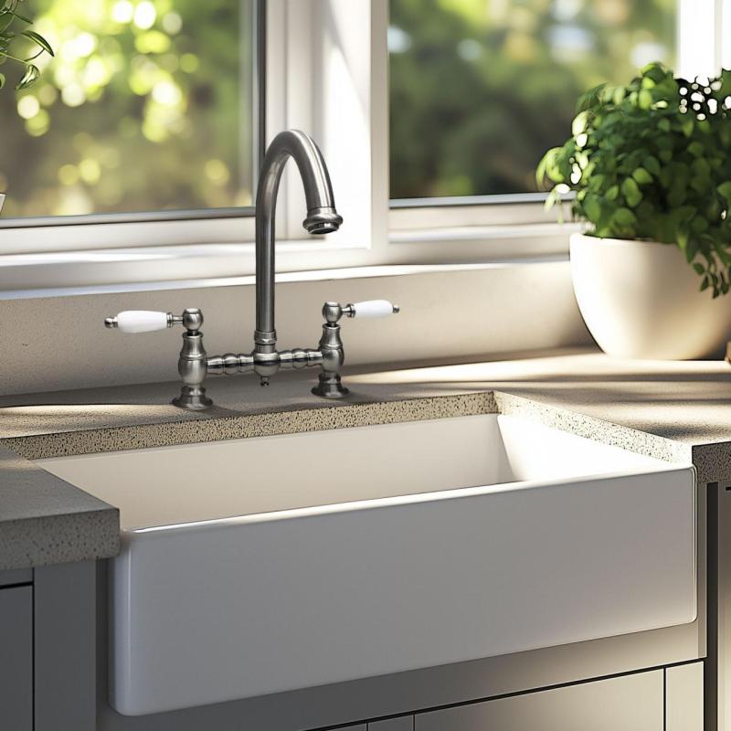 PB Nostalgic bridge cuisine robinet bec rond en inox avec poignées blanches PBN.RVS.R.WH