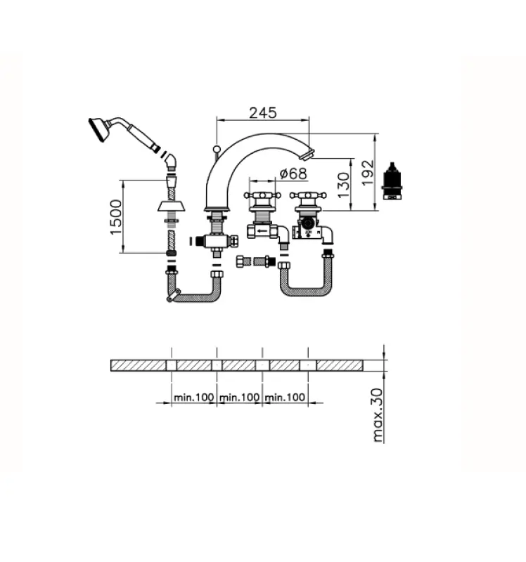Huber Victorian 4 trous Mitigeur Thermostatique de Bain avec Douchette Doré VTT760102G