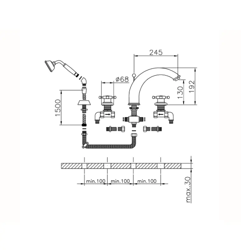 Huber Victorian 4-trous Mélangeur de bain avec douchette couleur Bronze VT00026027