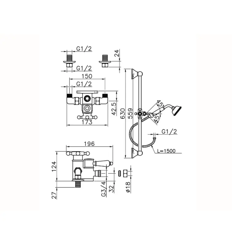 Huber Victorian Mitigeur thermostatique de douche avec barre coulissante Chromé 190R.VT01H.CR