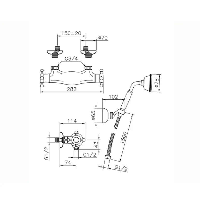 Huber Victorian Mitigeur Thermostatique de Douche avec Douchette Chromée VTD0101021