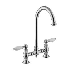 PB Robinet de cuisine Nostalgic Bridge Chrome avec bec rond avec poignées blanches PBN.CHR.R.WH