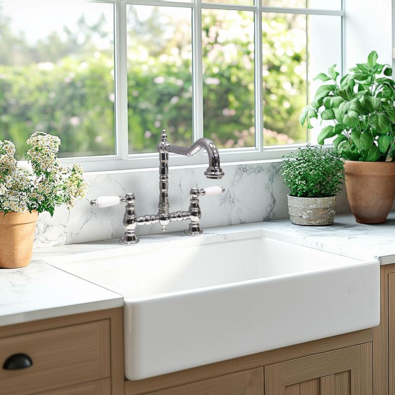 PB Robinet de cuisine Nostalgic Bridge Chrome avec bec coudé et poignées blanches PBN.CHR.H.WH