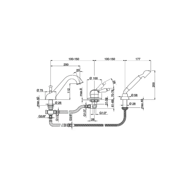 Cisal Arcana Empress Mélangeur bain 3 trous avec douchette Cuivre EM00126026
