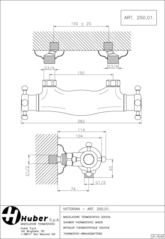 Huber Victorian Robinet thermostatique de douche avec douchette Doré 1154957652