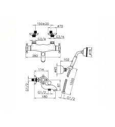 Huber Victorian Mitigeur Thermostatique de Bain avec Set de Douche Chromé/Doré VTD270107G