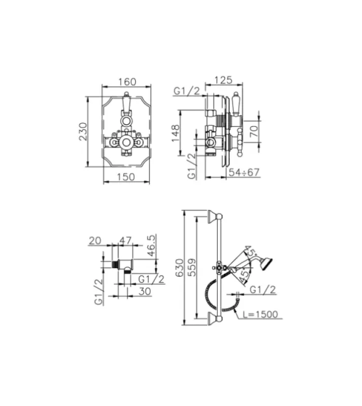 Huber Victorian Set Thermostatique de Douche à Encastrer avec Barre Coulissante Doré 910.VT01H.AG