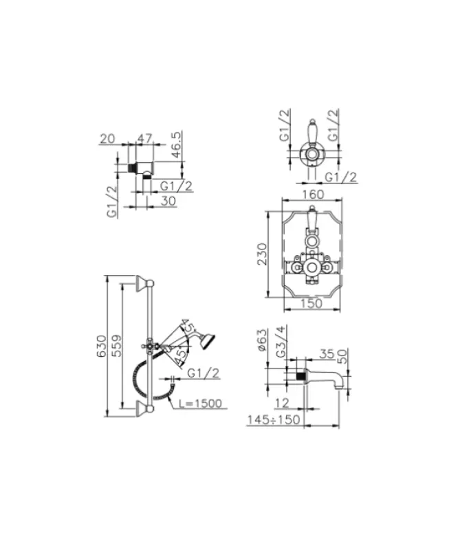 Huber Victorian Set Thermostatique Bain-Douche à encastrer Chromé 914.VT01H.CR