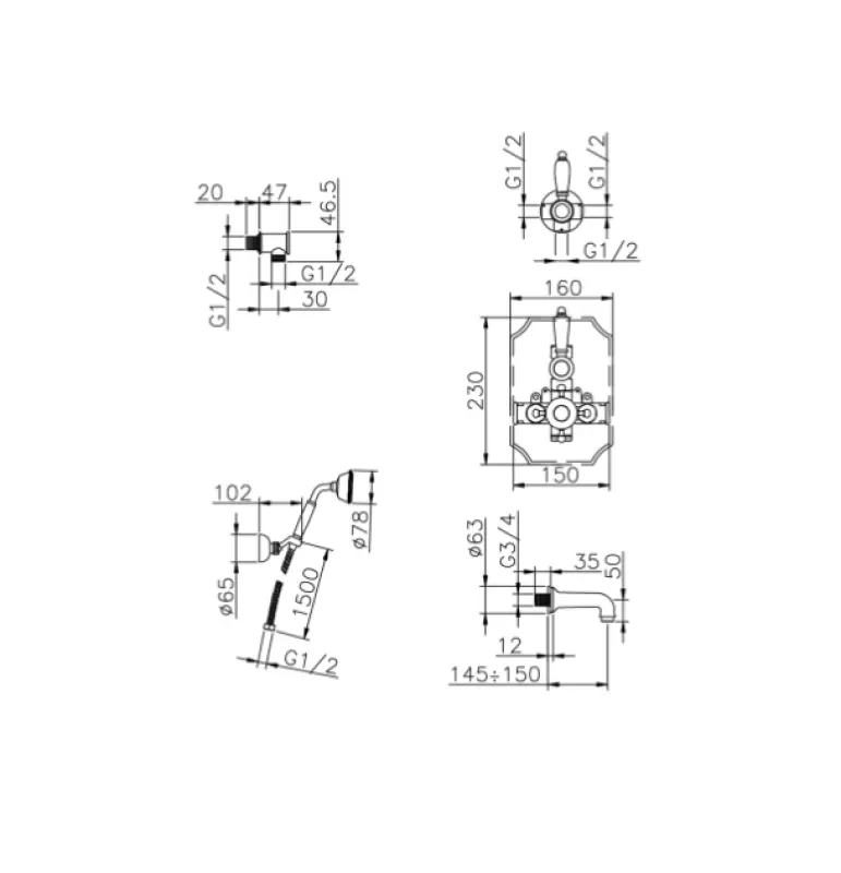 Huber Victorian Set thermostatique bain-douche à encastrer Acier inoxydable 915.VT01H.AC