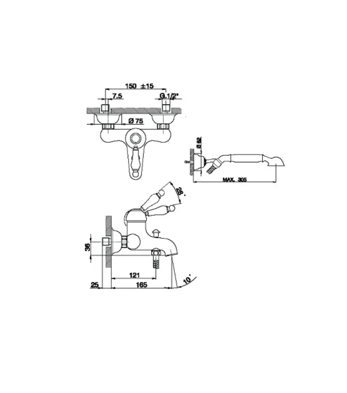 Huber Croisette Mitigeur de bain avec douchette chromé CM00012021
