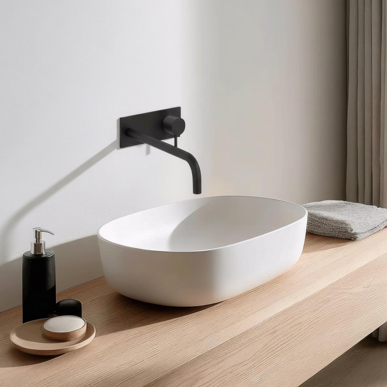 Waterevolution Flow mitigeur lavabo encastré avec plaque de recouvrement noir mat avec bec 25cm T1161BPR-25