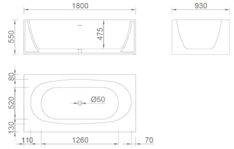 Solid-S Baignoire îlot Recto en matériau Solid Surface (Corian), L 180 x l 93 x H 55 cm, blanc mat, dernier exemplaire en stock