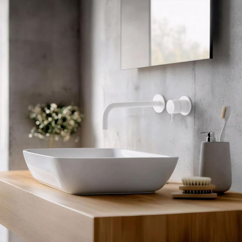 Robinet de lavabo encastré Watervolution Flow blanc mat avec bec de 21 cm T116BBR-21