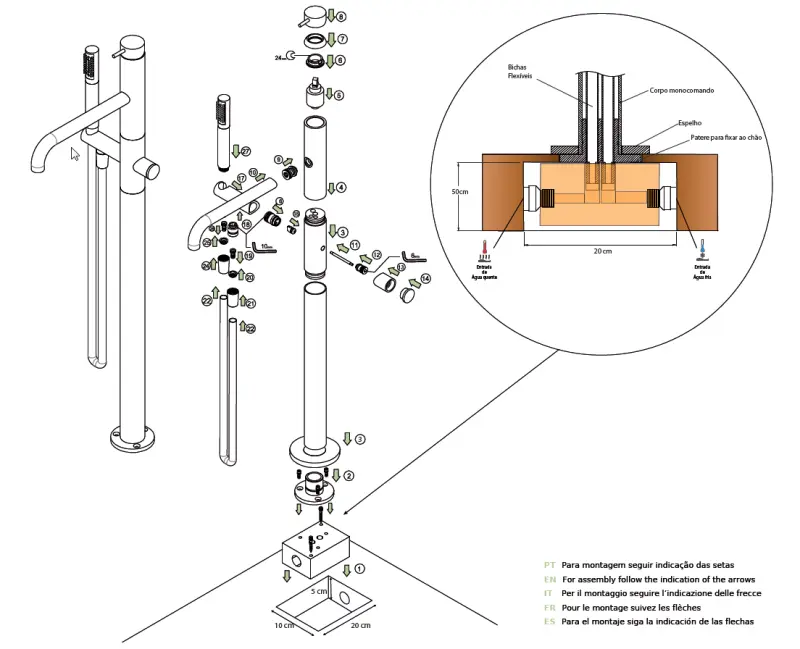 Waterevolution Flow Mitigeur de baignoire sur pied avec douchette tout Inox T133IE