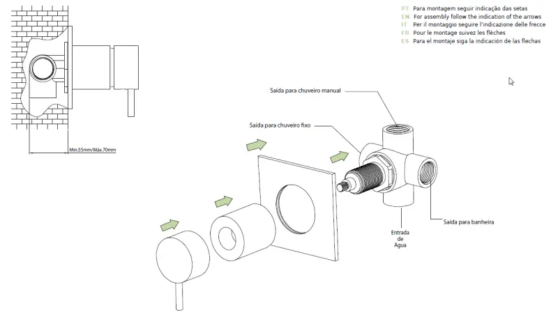 Waterevolution Flow inverseur encastré 3 voies rosace ronde Noir mat T1483SPR