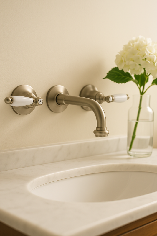 PB robinet classique encastré mural avec poignées blanches, bec de 16 cm en inox 1208854342