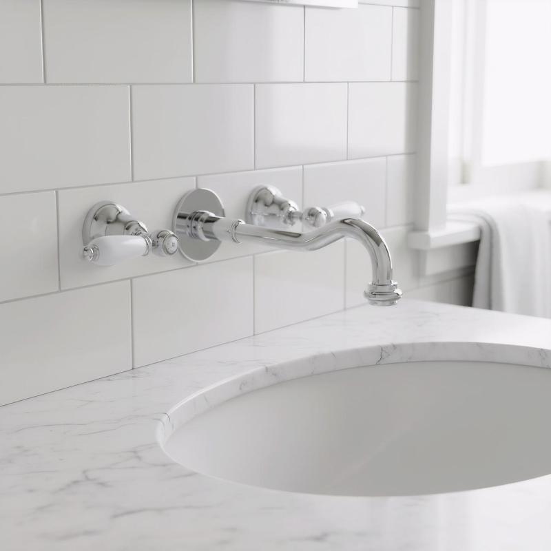 PB robinet classique encastré pour montage mural avec poignées blanches, bec de 20 cm, Chrome 1208854352