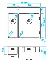 Caressi un bac et demi en inox avec trou pour robinet CAPP1534KR10 B55xL52 sous plan, à fleur de plan ou en surface 1208921192