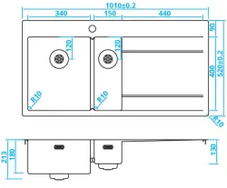 Caressi inox 1,5 évier à gauche avec égouttoir à droite CAPP3415ABL B101xL52 montage sous plan, à fleur de plan ou en surface 1208921302