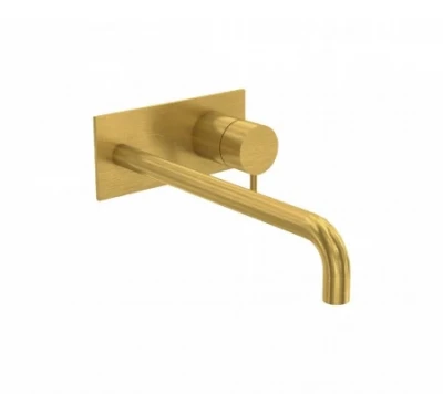 Robinet de lavabo encastré Waterrevolution Flow avec plaque de recouvrement en laiton brossé et bec de 21 cm T1161LE-21