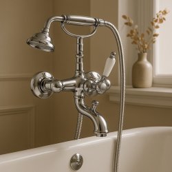 PB Nostalgische Mitigeur de bain avec douchette et levier blanc Chromé