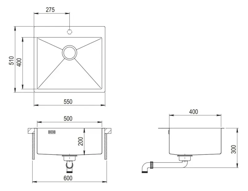 Ausmann Weser évier en inox PVD Or 55x51 avec trou de robinet sous plan, à fleur de plan ou en surface 080884