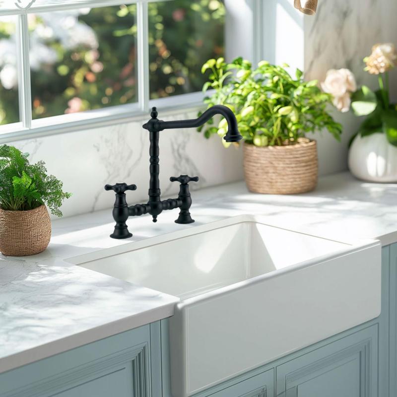 PB Robinet de cuisine à pont nostalgique Bec coudé noir mat avec boutons en étoile PBN.ZW.H.ST