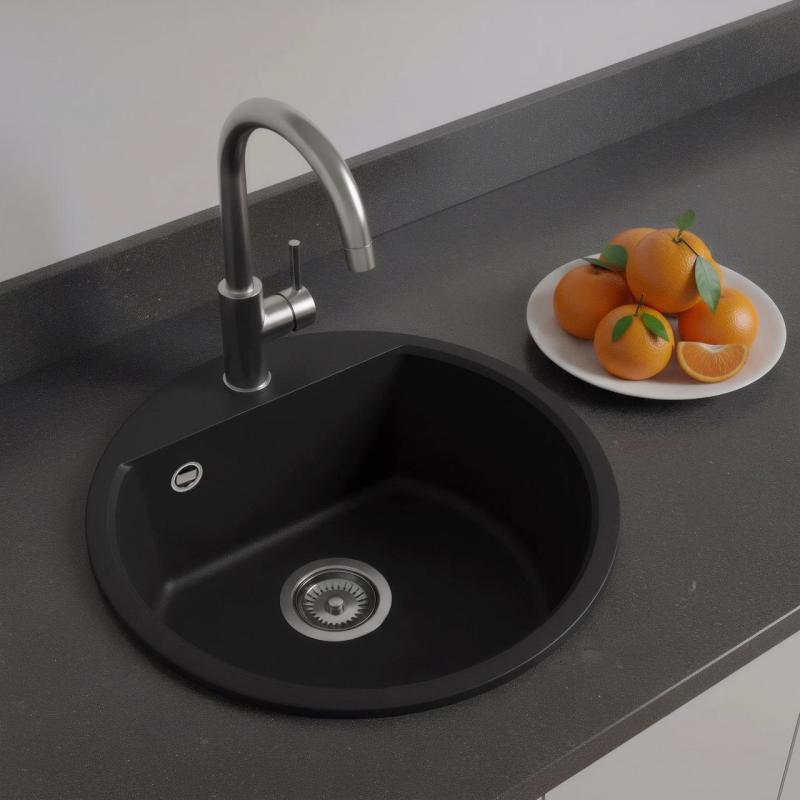 GraniteMy Bremen évier rond en granit 43 cm noir à monter en surface et sous plan avec trou de robinetterie banc avec bouchon en inox 1208953206