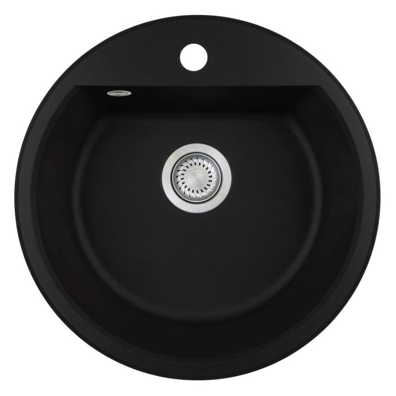 GraniteMy Bremen évier rond en granit 43 cm noir à monter en surface et sous plan avec trou de robinetterie banc avec bouchon en inox 1208953206