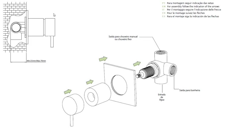 Waterevolution Flow inverseur encastré 2 voies laiton brossé avec rosace ronde T1482RLE