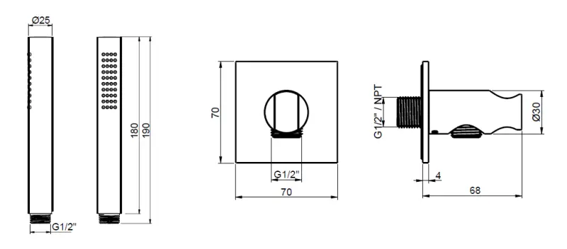 SB 316 Douchette carrée avec flexible et crochet de suspension inox