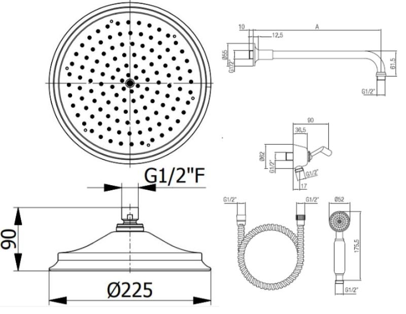 PB Classic Nostalgic Set de douche encastrable chromé avec douchette et effet pluie 225mm 1208953841