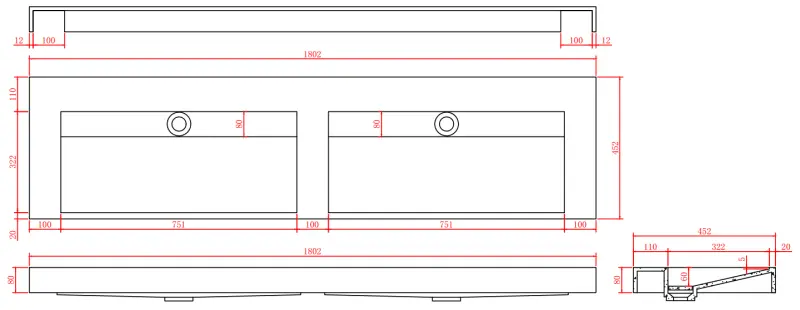Plan vasque double Solid-S Marble en solid surface, marbre noir mat, sans trou pour robinetterie, avec couvercle solide, dimensions B180xD45xH8, 1208953889.
