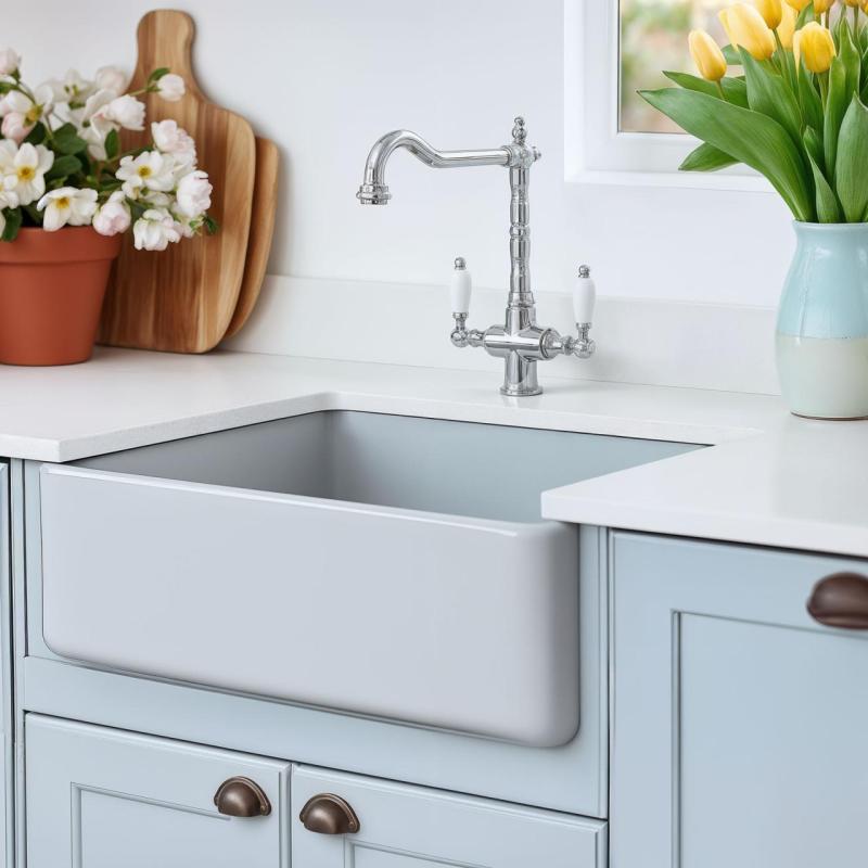 PB Robinet de cuisine de campagne classique nostalgique chrome avec poignées blanches 1208953911