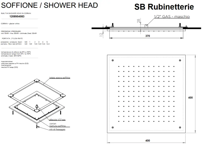 SB Rubinetterie Douche de plafond à effet pluie blanc mat corian solid surface encastré carré 40cm 1208954083