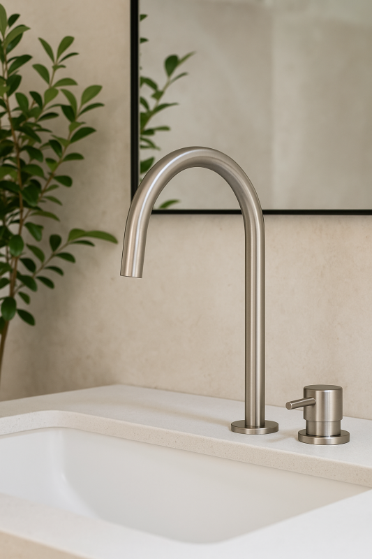 Robinet de lavabo Watervolution Flow à 2 trous, entièrement en acier inoxydable, avec bec haut de 200 mm T1122UIE