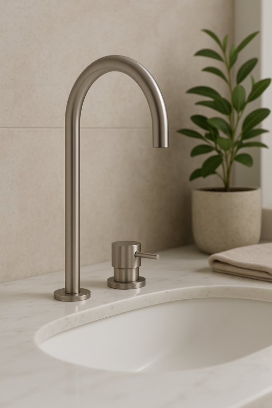 Robinet de lavabo Watervolution Flow à 2 trous, entièrement en acier inoxydable, avec bec haut de 200 mm T1122UIE