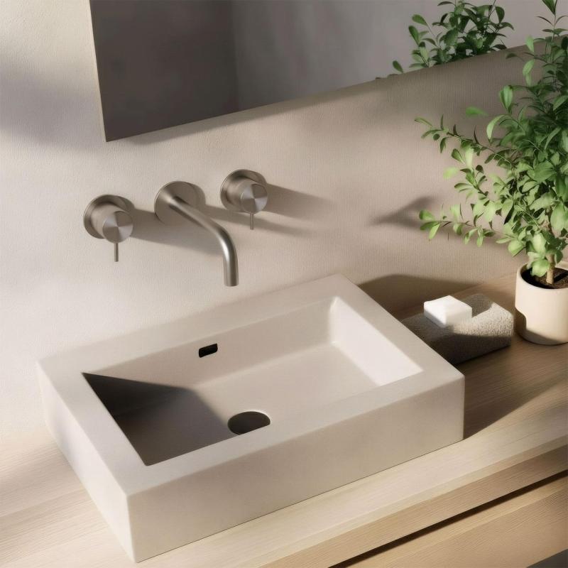 Robinet de lavabo encastré à 3 trous Waterrevolution Flow, entièrement en acier inoxydable, avec bec de 10 cm T1163FIE-10