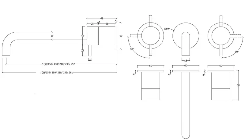 Waterevolution Flow Mitigeur lavabo encastré 3 trous PVD cuivre avec bec 25 cm T1163FCPE-25