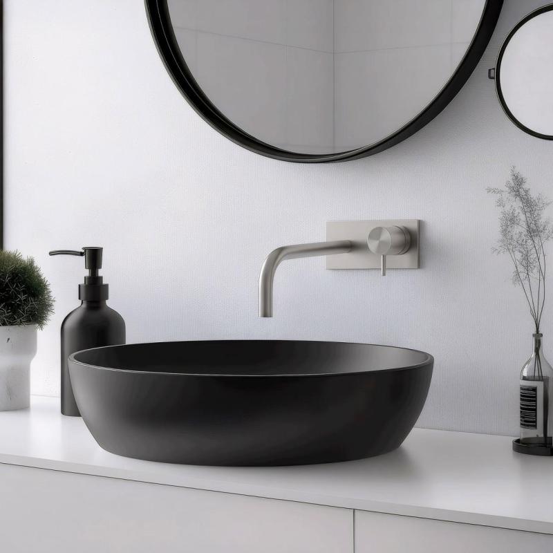 Robinet de lavabo encastré Waterrevolution Flow avec plaque de recouvrement entièrement en acier inoxydable avec bec de 15 cm T1161BIE-15