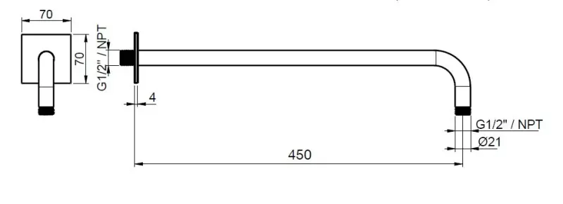 SB Square 316 Bras de douche mural rond 35cm avec rosace carrée inox 316 brossé