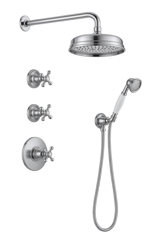 Ensemble de douche encastré nostalgique PB avec robinet thermostatique et 2 robinets d'arrêt - douchette - douche pluie 200mm - chrome