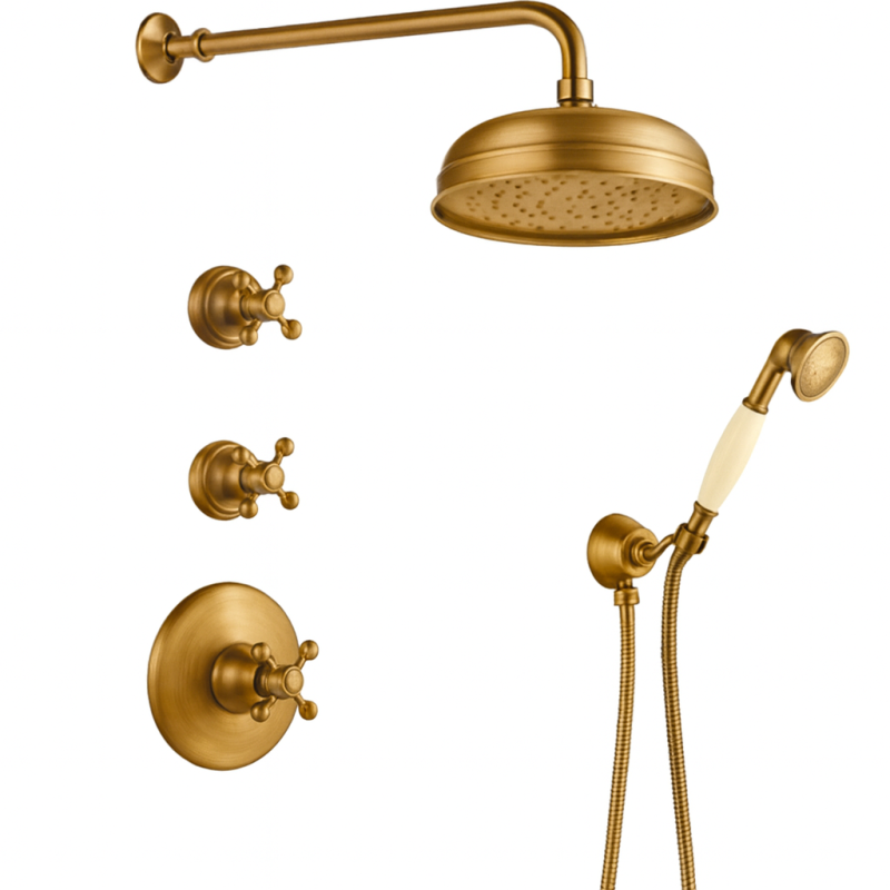 PB nostalgic set de douche encastrable avec mitigeur thermostatique et 2 robinets d'arrêt - douchette - douche à effet pluie 200mm - Bronze