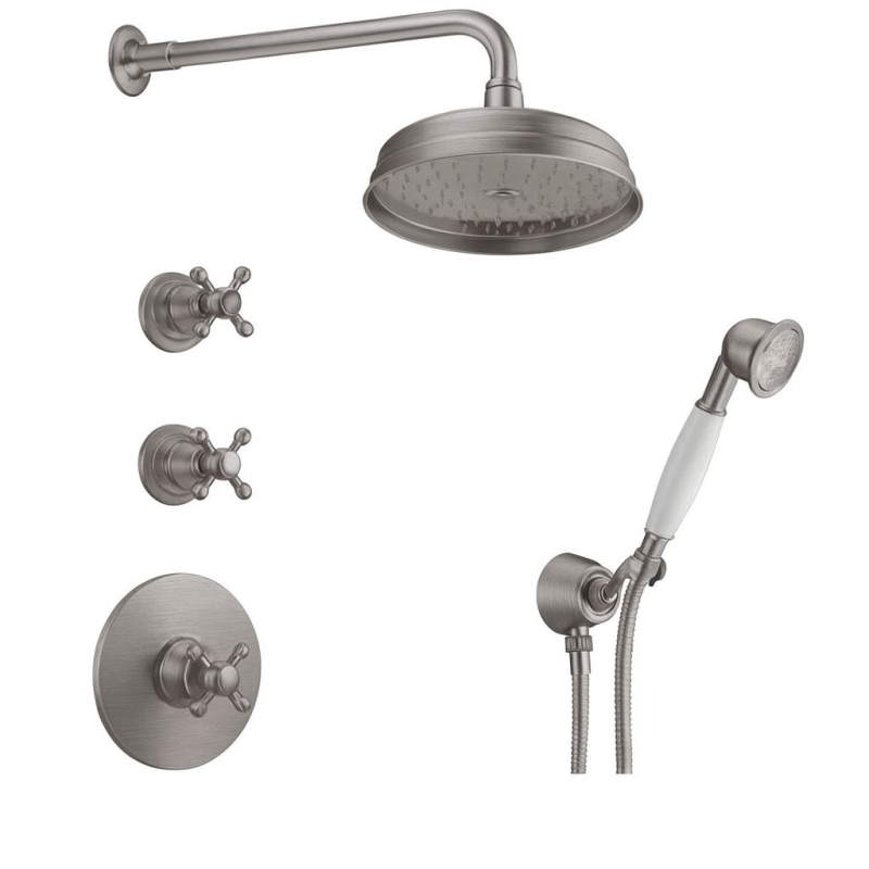 Ensemble de douche encastré nostalgique PB avec robinet thermostatique et 2 robinets d'arrêt - douchette - douche pluie 200mm - inox
