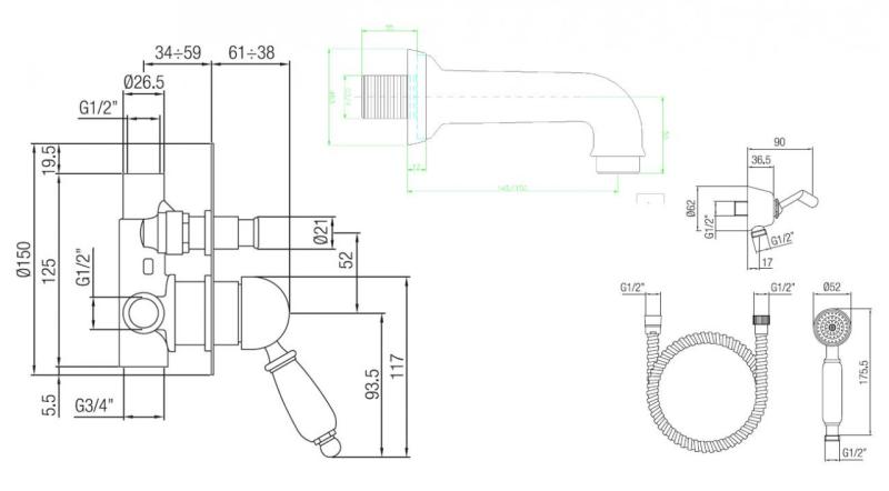 PB nostalgische Set de bain à encastrer Acier inoxydable