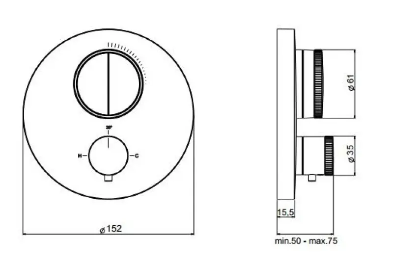 SB Push Round mitigeur thermostatique encastré avec inverseur à bouton poussoir et régulateur de débit inox 1208955060