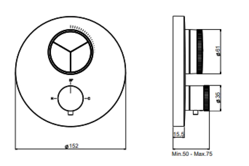 SB Push Round thermostatique encastré avec inverseur 3 voies avec bouton poussoir et régulateur de débit Chromé 1208955074