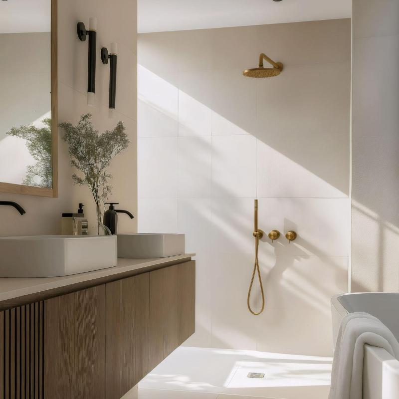 Waterevolution Flow Set de douche encastrable avec mitigeur thermostatique effet de pluie et douchette Laiton brossé